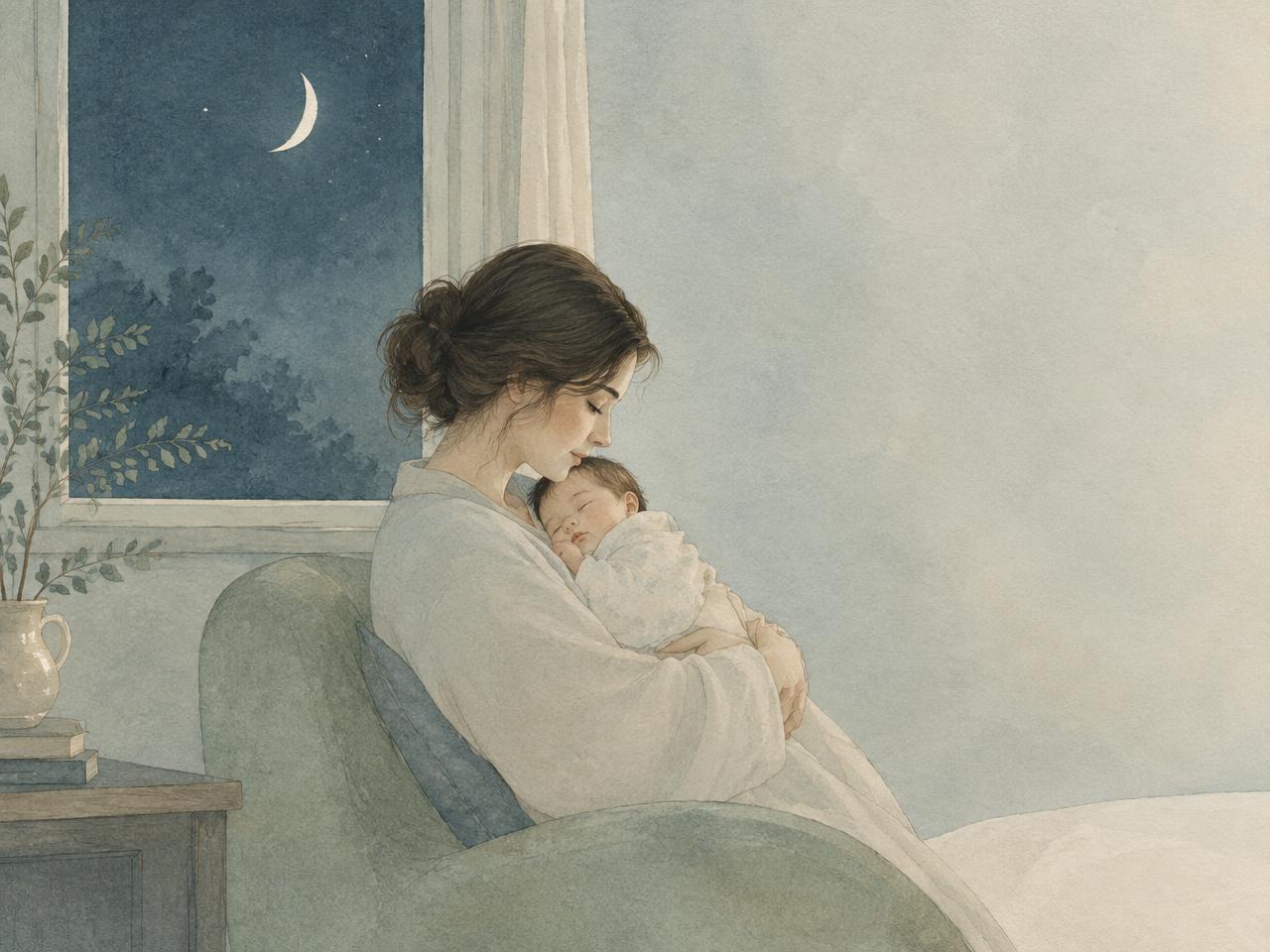Una mamma culla il suo neonato di notte
